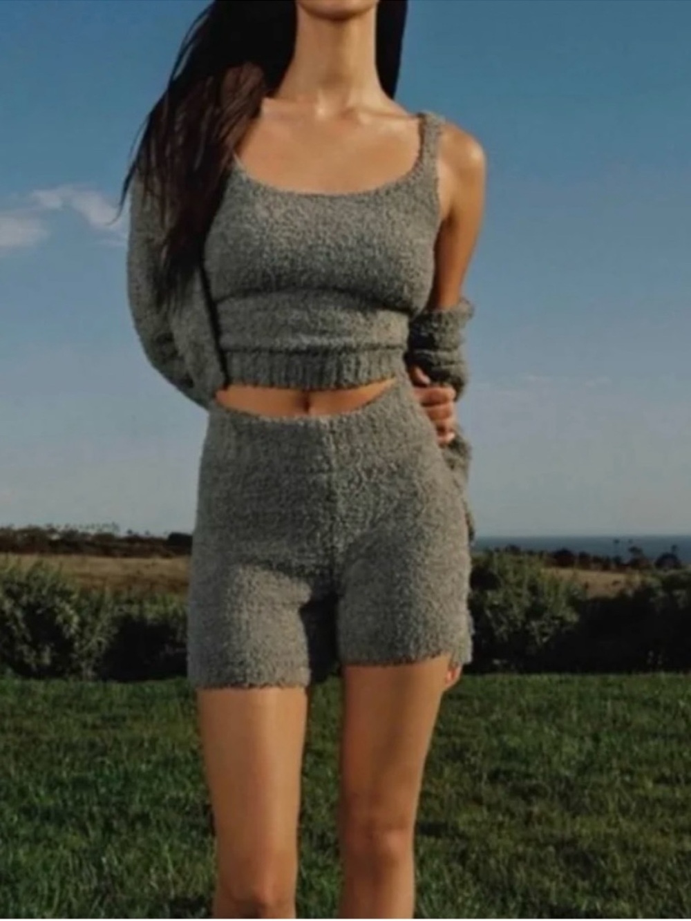 SKIMS Plush Teddy Cropped Tank & High-Waist Shorts Set in Gray